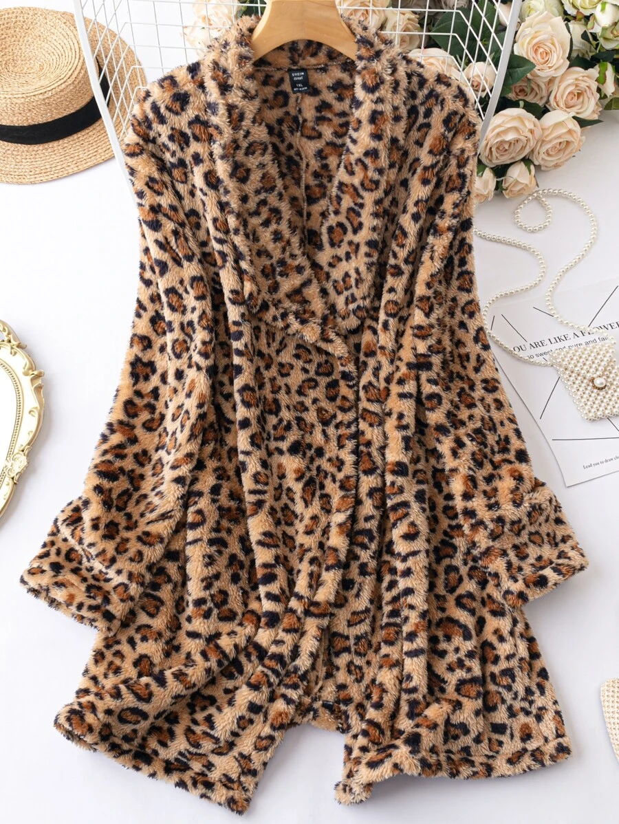 SHEIN LUNE Plus Leopard Shawl Collar Open Front Flannel Coat - Multicolor - View 1