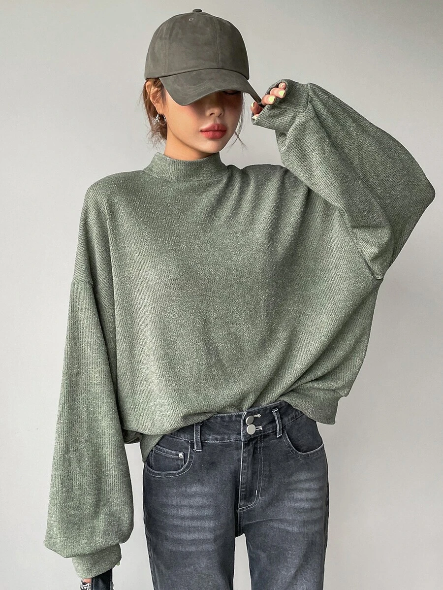 DAZY Mock Neck Bishop Sleeve Pullover - Army Green - View 1