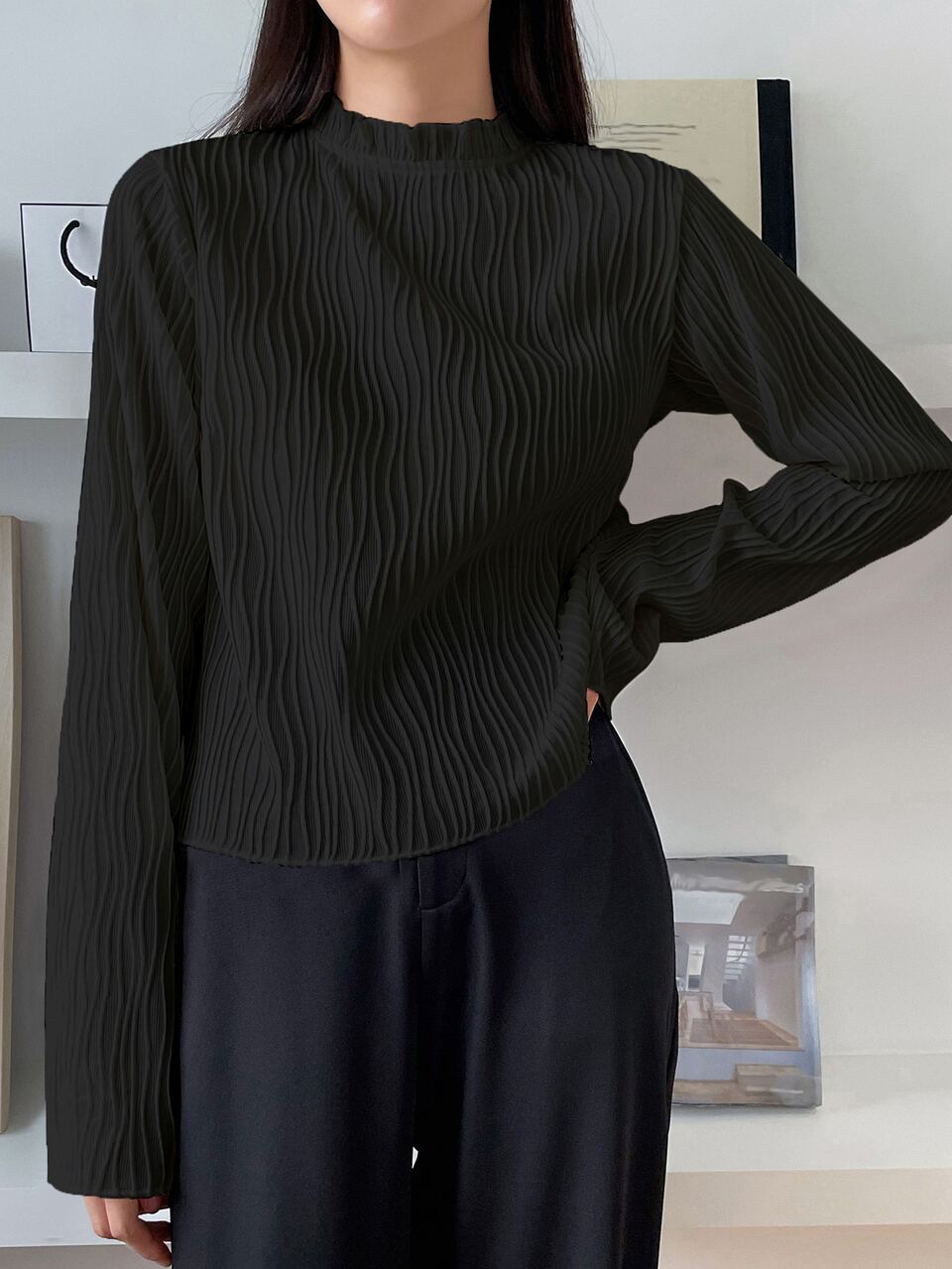 Frill Neck Keyhole Back Tee,Fall Clothes Long Sleeve Women Tops
