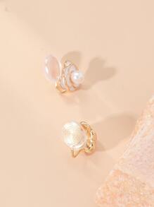 Faux Pearl Decor Flower Design Clip On Earrings - White - View 2