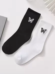 2pairs Butterfly Embroidered Crew Socks