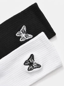 2pairs Butterfly Embroidered Crew Socks