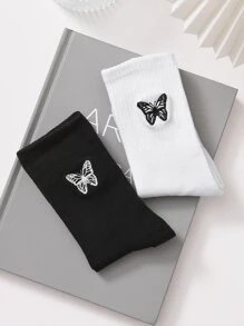 2pairs Butterfly Embroidered Crew Socks