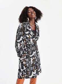 Sylvia Mollie 塗鴉圖案西裝領搭扣腰帶風衣外套