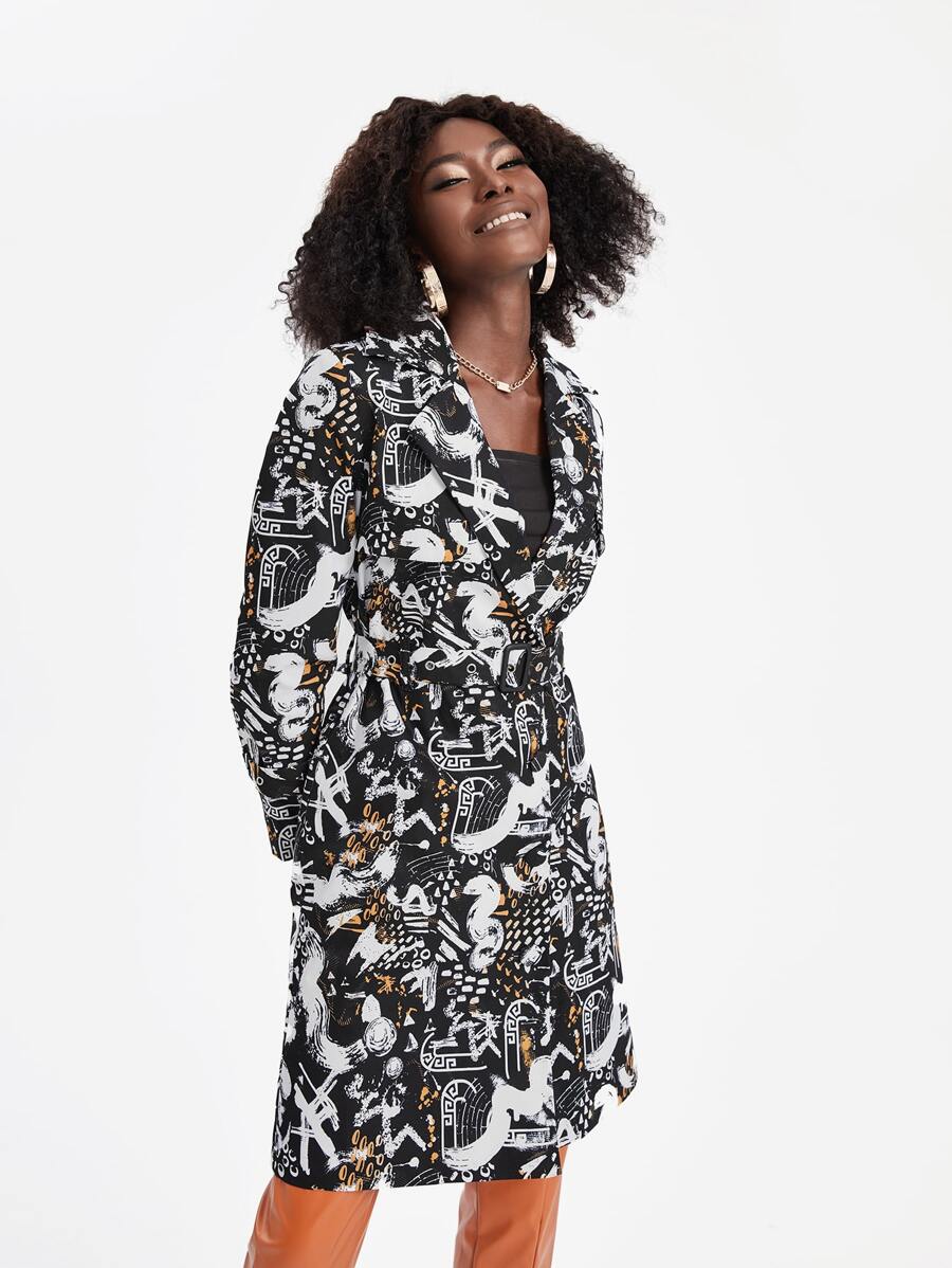 Sylvia Mollie 塗鴉圖案西裝領搭扣腰帶風衣外套