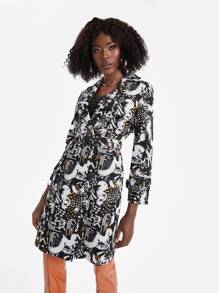 Sylvia Mollie 塗鴉圖案西裝領搭扣腰帶風衣外套