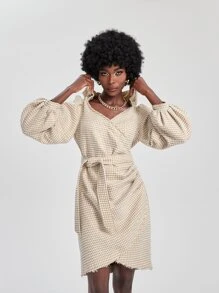 Dayra Couture 千鳥格連帽燈籠袖鬱金香下擺腰帶粗花呢洋裝 - 彩色 - 查看 1