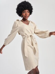 Dayra Couture 千鳥格連帽燈籠袖鬱金香下擺腰帶粗花呢洋裝 - 彩色 - 查看 3