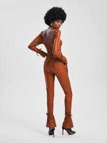 Dayra Couture Đơn vị Nữ Ren lên màu trơn - màu nâu - Xem 2