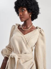 Dayra Couture 千鳥格連帽燈籠袖鬱金香下擺腰帶粗花呢洋裝 - 彩色 - 查看 6