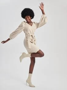 Dayra Couture 千鳥格連帽燈籠袖鬱金香下擺腰帶粗花呢洋裝 - 彩色 - 查看 7