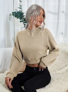 SHEIN LUNE Sudadera corta de cuello alto de hombros caídos - Albaricoque - Ver 1