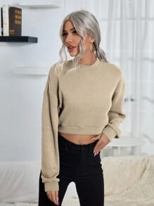 SHEIN LUNE Sudadera corta de cuello alto de hombros caídos - Albaricoque - Ver 3