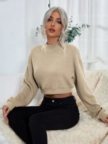 SHEIN LUNE Sudadera corta de cuello alto de hombros caídos - Albaricoque - Ver 7