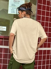 SHEIN EZwear Letter Graphic Drop Shoulder Tee - Khaki - View 2