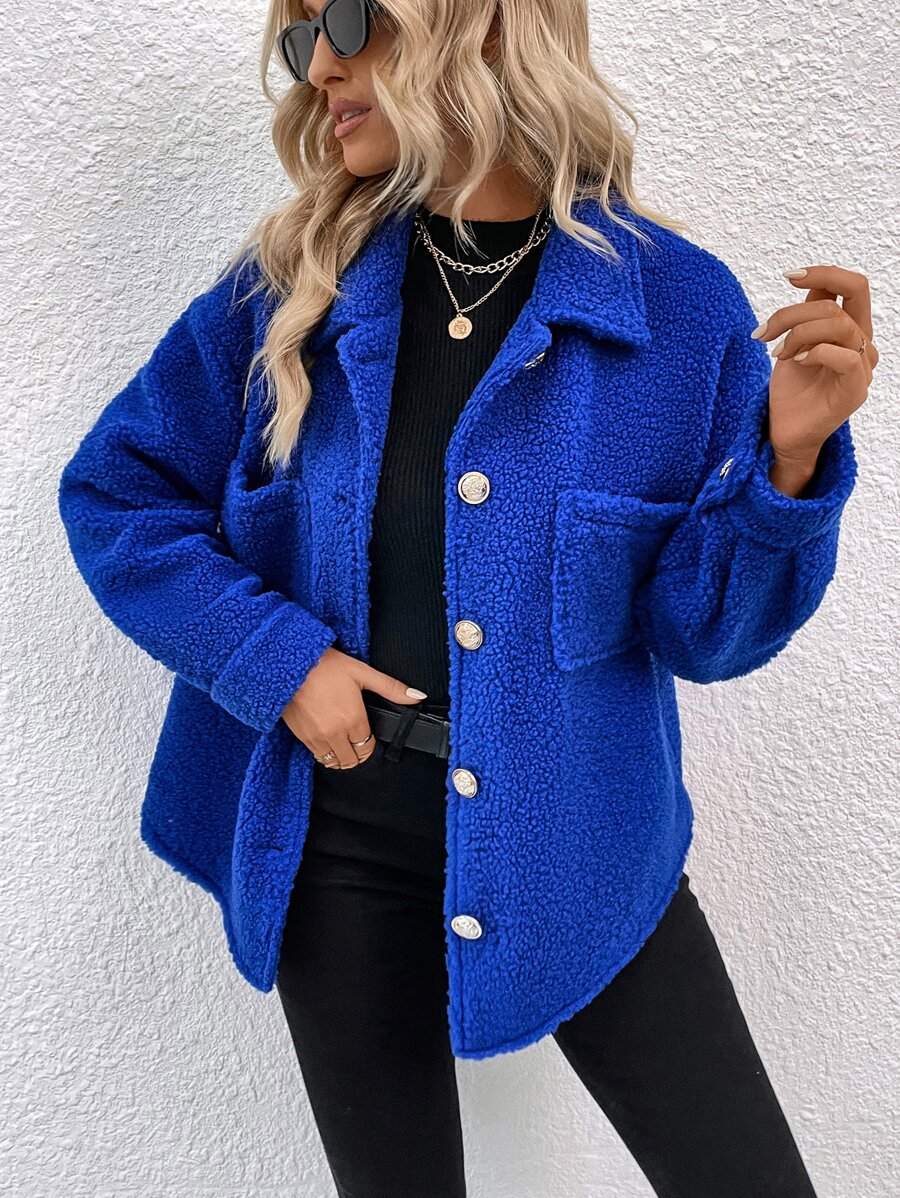 SHEIN Essnce Drop Shoulder Pocket Patched Teddy Coat - Royal Blue - View 1