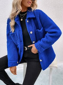 SHEIN Essnce Drop Shoulder Pocket Patched Teddy Coat - Royal Blue - View 3