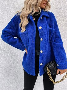 SHEIN Essnce Drop Shoulder Pocket Patched Teddy Coat - Royal Blue - View 5