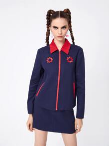 J.Kao Designer Floral Embroidery Contrast Collar Zip Up Jacket, For Holiday, Festival - Navy Blue - View 1