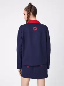 J.Kao Designer Floral Embroidery Contrast Collar Zip Up Jacket, For Holiday, Festival - Navy Blue - View 2