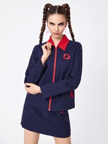 J.Kao Designer Floral Embroidery Contrast Collar Zip Up Jacket, For Holiday, Festival - Navy Blue - View 3