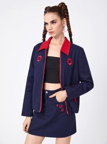 J.Kao Designer Floral Embroidery Contrast Collar Zip Up Jacket, For Holiday, Festival - Navy Blue - View 4