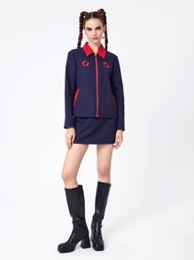 J.Kao Designer Floral Embroidery Contrast Collar Zip Up Jacket, For Holiday, Festival - Navy Blue - View 7