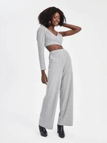 SHINGO Asymmetrical Neck Crop Top & Slant Pocket Pants - Light Grey - View 1