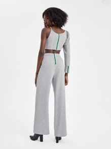 SHINGO Asymmetrical Neck Crop Top & Slant Pocket Pants - Light Grey - View 2