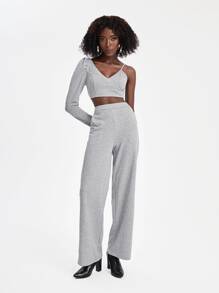 SHINGO Asymmetrical Neck Crop Top & Slant Pocket Pants - Light Grey - View 4
