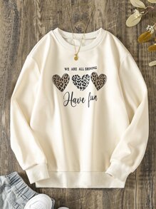 SHEIN Tween Girl Heart And Slogan Graphic Pullover - Apricot - View 1