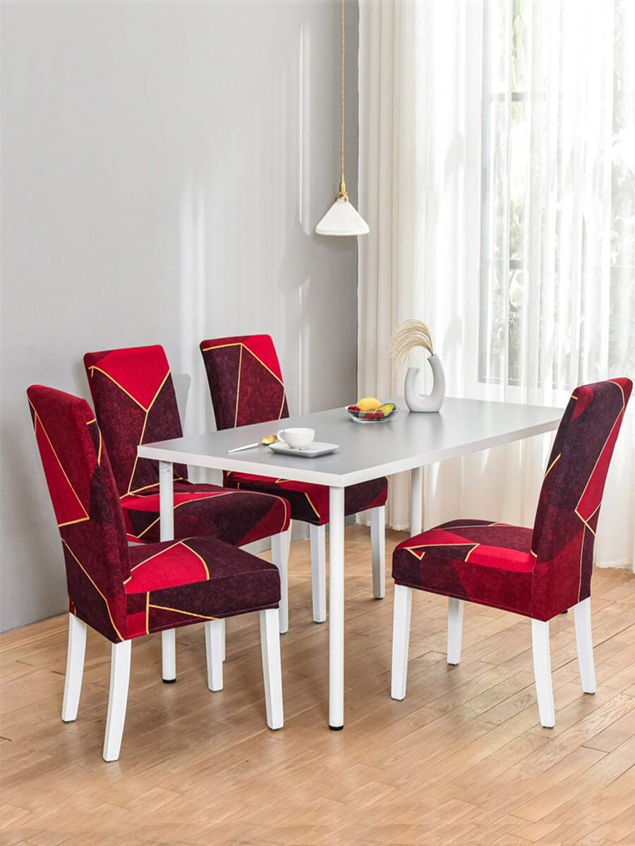 1pc Red Geometric Pattern Stretch Dining Chair Cover, Anti-Cat/Dog Scratch, Dust-Proof, Non-Slip Chair Protector Slipcover, Printed Floral Chair Cover Suitable For Home Decor, Hotel, Restaurant And Party - Multicolor - View 1