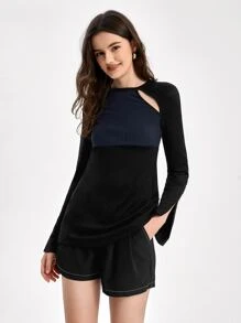 Veronica Ramirez Colourblock Cut Out Split Sleeve Tee - Black - View 1