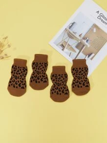 4pcs Leopard Print Pet Socks - Multicolor - View 1