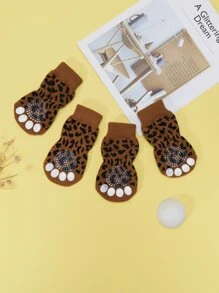 4pcs Leopard Print Pet Socks - Multicolor - View 3