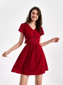 Sew Fashion School Vestido con bordado floral con abertura - Rojo - Ver 1