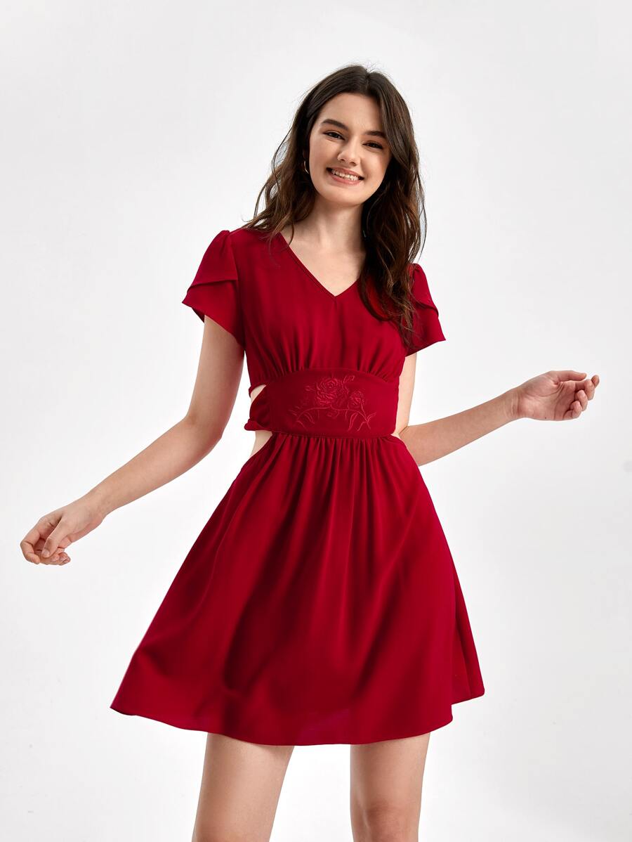 Sew Fashion School Vestido con bordado floral con abertura - Rojo - Ver 1