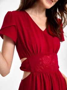 Sew Fashion School Vestido con bordado floral con abertura - Rojo - Ver 4