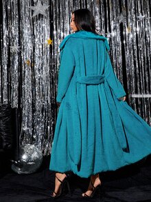 Lapel Neck Belted Longline Flannel Coat - Cadet Blue - View 2