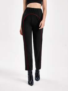 Sew Fashion School Stitch Trim Floral Embroidery Elastic Waist Pants - Black - View 2