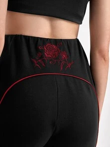 Sew Fashion School Stitch Trim Floral Embroidery Elastic Waist Pants - Black - View 4