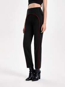 Sew Fashion School Stitch Trim Floral Embroidery Elastic Waist Pants - Black - View 1