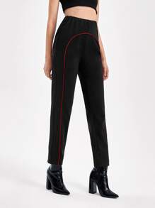 Sew Fashion School Stitch Trim Floral Embroidery Elastic Waist Pants - Black - View 6