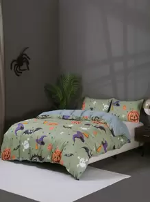 Halloween Pumpkin Pattern Duvet Cover Set Without Filler - Green - View 1