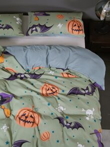 Halloween Pumpkin Pattern Duvet Cover Set Without Filler - Green - View 2