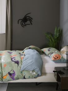 Halloween Pumpkin Pattern Duvet Cover Set Without Filler - Green - View 8