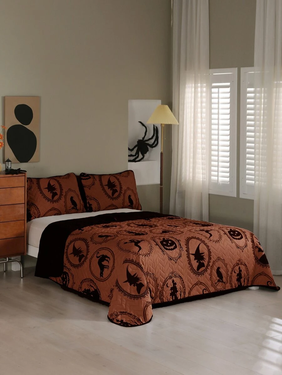 Halloween Pumpkin & Witch Pattern Bedspread Set Without Filler - Multicolor - View 1