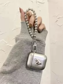 Valentines Y2K Y2k Cell Phone Lanyards 3D Heart Decor Case Compatible With Airpods - Silver - View 2