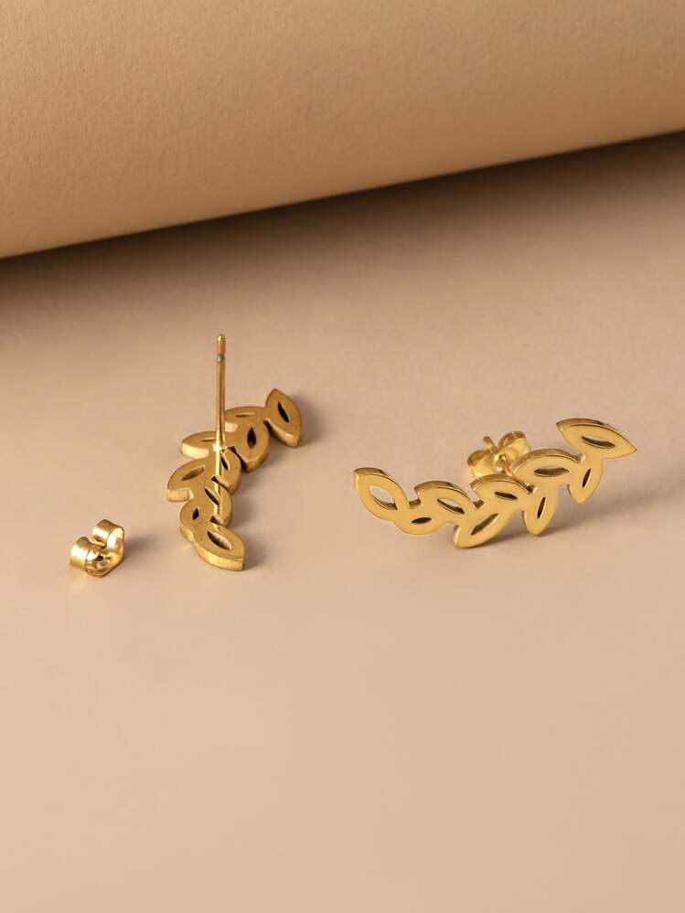Leaf Design Stud Earrings - Yellow Gold - View 2