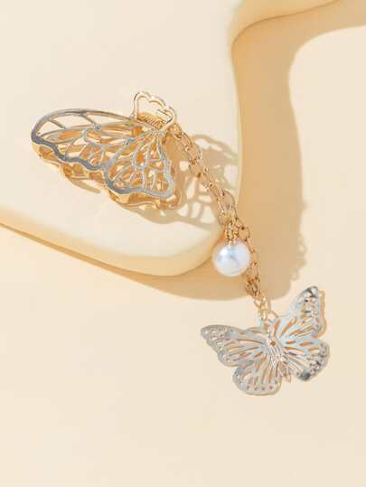 Faux Pearl Decor Butterfly Design Hair Claw